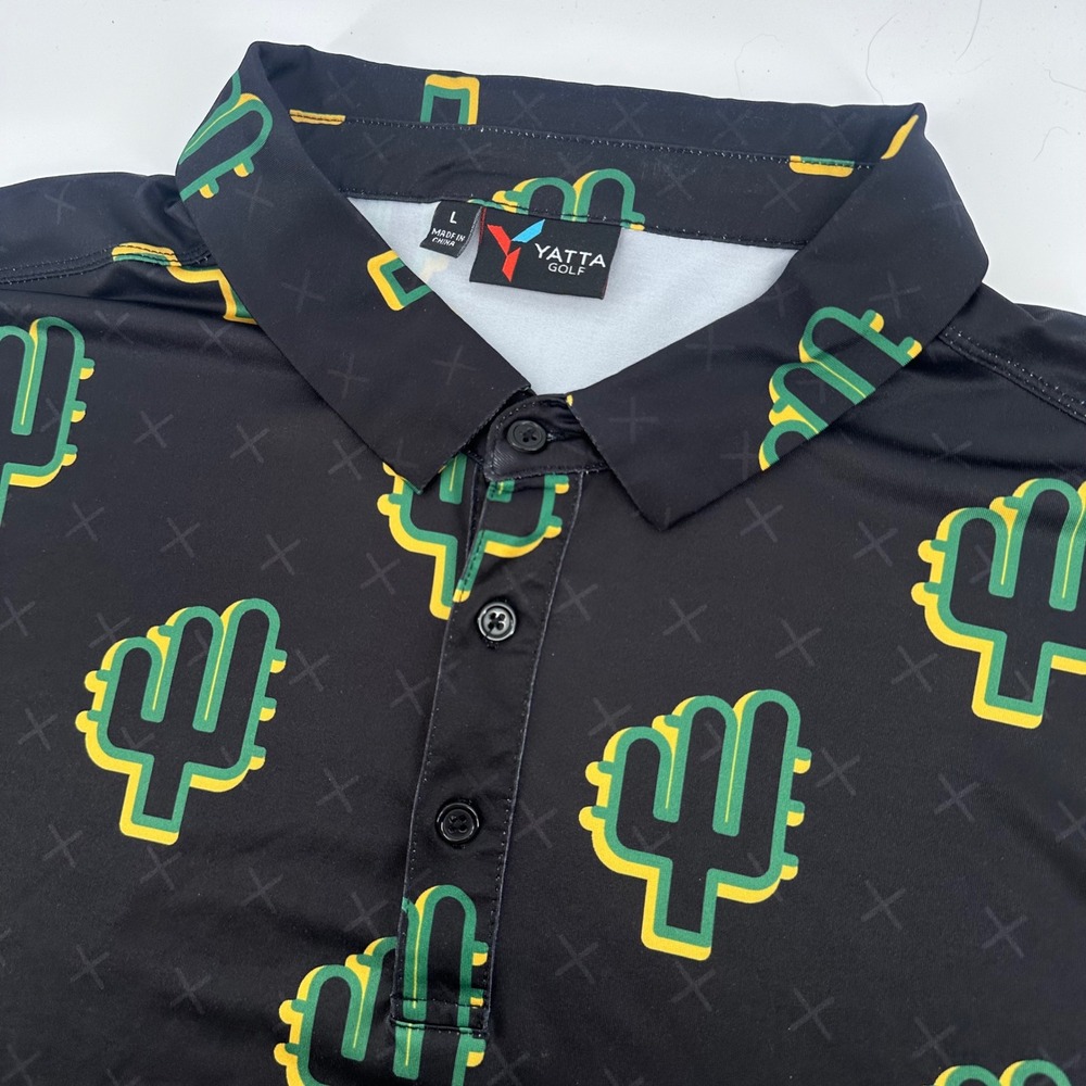 Yatta Golf Polo Shirt Mens L Black Green Cactus Print Short Sleeve Performance